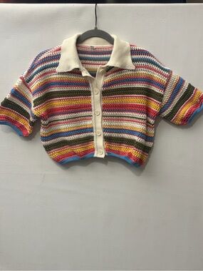 Source Unknown Multicolor Striped Crochet Crop Polo